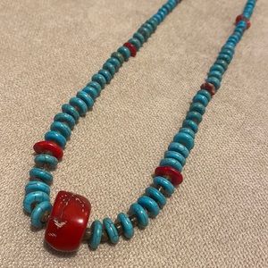 ** 𝒮𝒪ℒ𝒟 ** Turquoise Disc and Coral Chunk Heishi Necklace